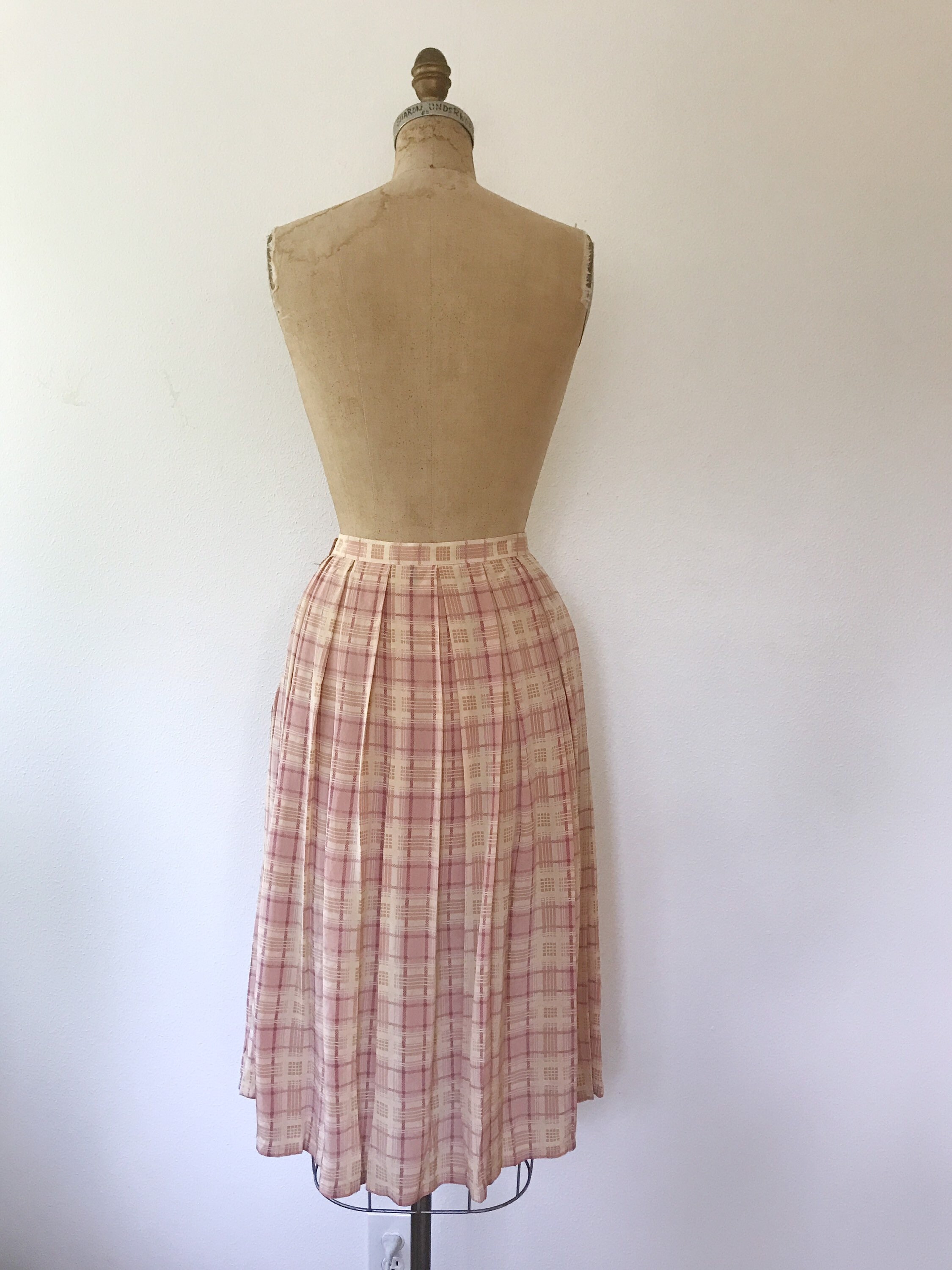 vintage silk skirt / silk pleated skirt / peach plaid skirt