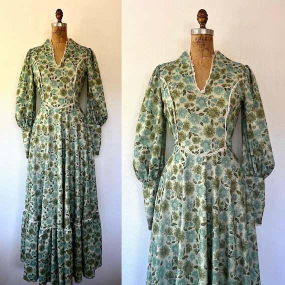 70s green maxi dress / vintage 70s boho dress / Green Floral Prairie dress