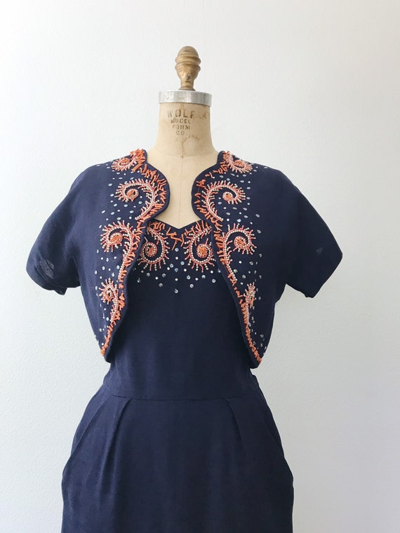 Moygashel dress / 1950s dress / beaded navy linen… - image 4