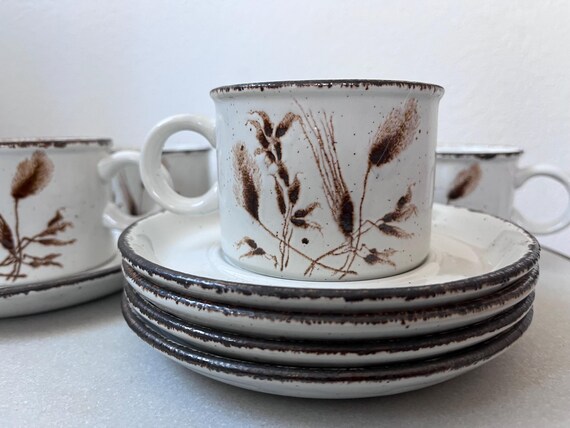 vintage stoneware mugs & saucers / Stonehenge Wild Oats / Mid Winter Stoneware mugs