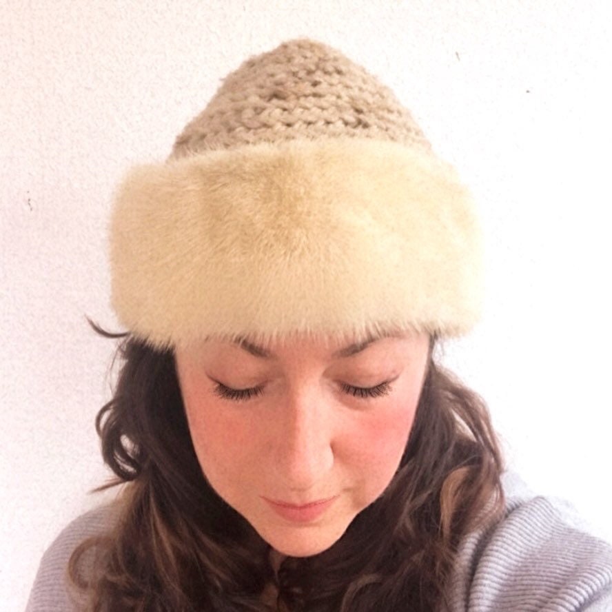 vintage knit hat / vintage fur hat / Montevecchi knit beanie