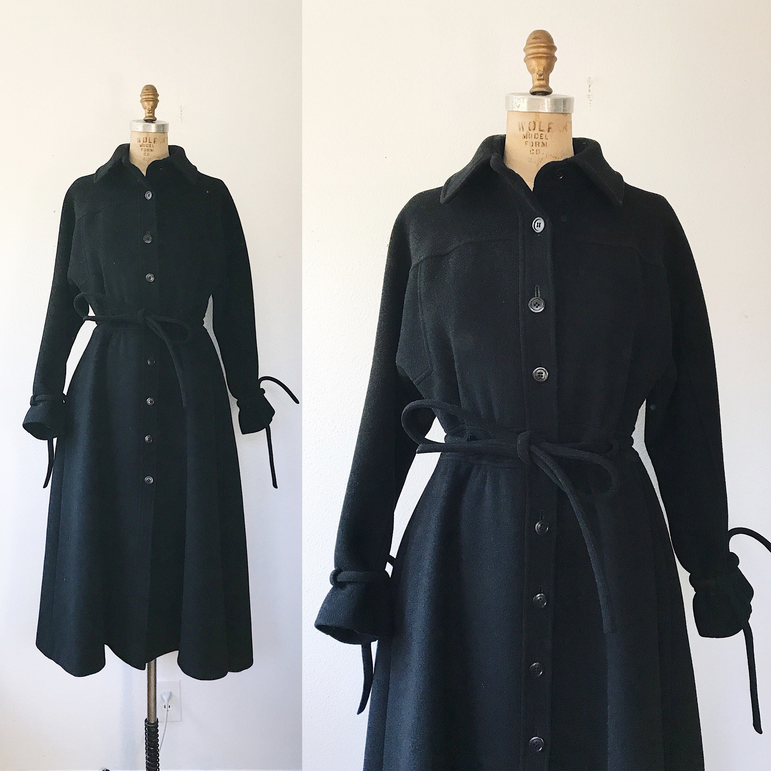 vintage coat / black dress coat / 70s black wool coat