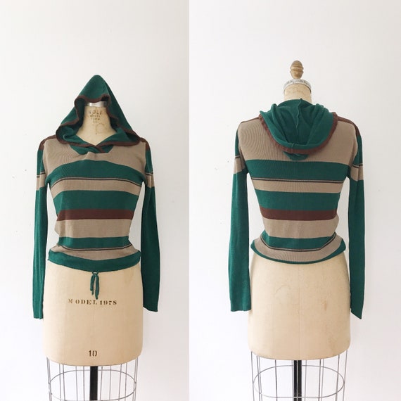 vintage hooded sweater / vintage striped sweater /
