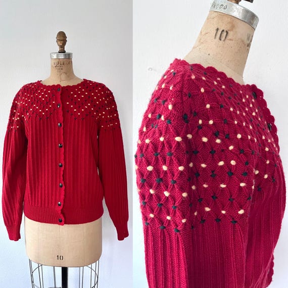 vintage cardigan / red wool cardigan / Herman Geist hand embroidered sweater