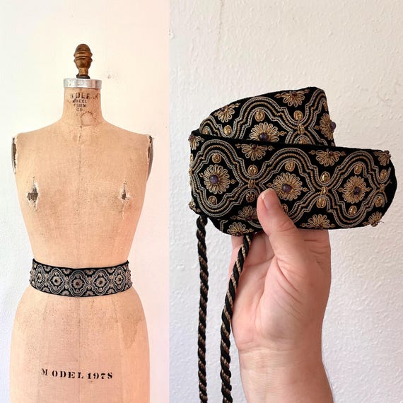 1970s black belt / vintage velvet belt / Gold Bullion embroidery belt