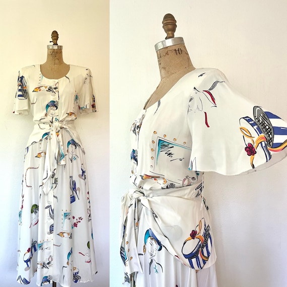 80s vintage dress / 1940s print dress / rayon wrap dress