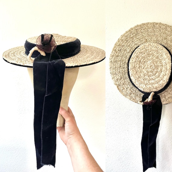 1950s hat / Straw and Velvet hat / Floral chapeau