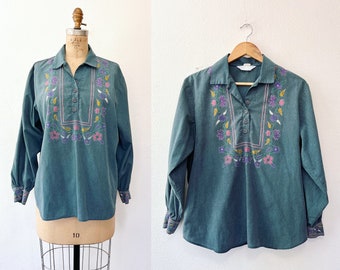 vintage chambray blouse / 70s tunic blouse /70s floral print blouse