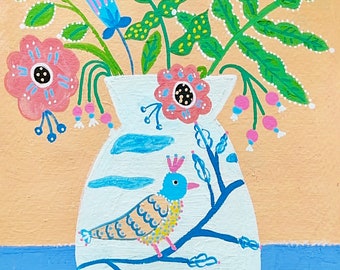 8x8 original floral bird painting