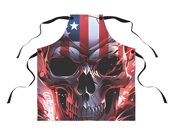 Patriotic Skull Apron, Cooking Gear for BBQs, Unique Gift for Home Chefs, Halloween Kitchen Decor, Red White Blue Cooking Apparel