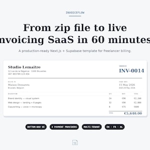 Könnte beinhalten: Eine weiße Grafik mit dem Text „From zip file to live invoicing SaaS in 60 minutes“. Darunter befindet sich eine Musterrechnung mit Details wie Firmenname, Rechnungsnummer und Finanzzahlen.