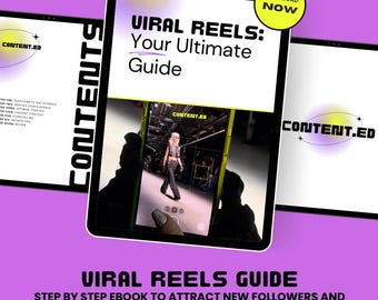 May include: A digital tablet screen displaying a guide titled "Viral Reels: Your Ultimate Guide" with the text "CONTENT.ED" and a photo of a person wearing a black outfit and sunglasses walking on a runway. The text "DOWNLOAD NOW" is in a red circle on the top right corner of the screen. The text "VIRAL REELS GUIDE STEP BY STEP EBOOK TO ATTRACT NEW FOLLOWERS AND SKYROCKET ENGAGEMENT" is below the tablet.