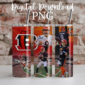 May include: Three sublimation designs for a 20 oz tumbler featuring Cincinnati Bengals players. The designs include Joe Burrow, Ja'Marr Chase, and Tee Higgins.