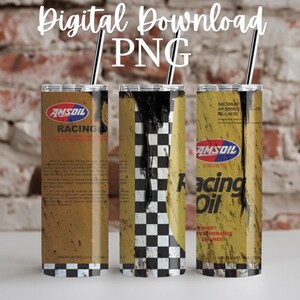 May include: Three 20 oz. stainless steel tumblers with a checkered flag and Amsoil Racing Oil design. The tumblers are yellow, black, and white.