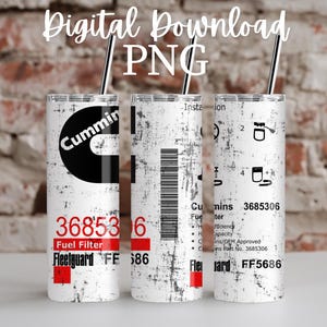May include: Three white tumblers with black and red graphics. The tumblers feature the Cummins logo and the text "368536 Fuel Filter Fleetguard FF 386".