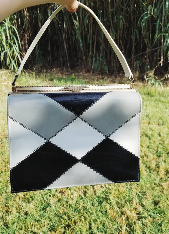 grey and white checkered purse