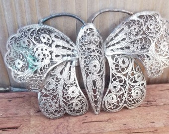 Vintage Intricate Sterling Silver Filigree Metal Butterfly Brooch