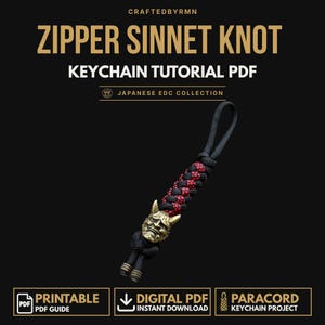 May include: A digital PDF tutorial for a zipper sinnet knot keychain. The text reads CRAFTEDBYRMN ZIPPER SINNET KNOT KEYCHAIN TUTORIAL PDF JAPANESE EDC COLLECTION. The image shows a black and red paracord keychain with a brass-colored oni mask bead.