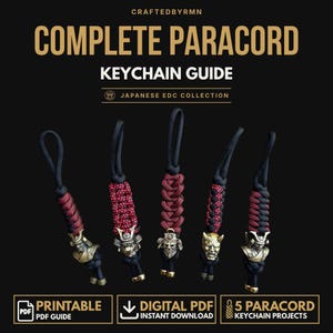May include: Five paracord keychains featuring black and red woven cord patterns with metallic samurai and oni mask beads. The text reads COMPLETE PARACORD KEYCHAIN GUIDE, JAPANESE EDC COLLECTION, PRINTABLE PDF GUIDE, DIGITAL PDF INSTANT DOWNLOAD, 5 PARACORD KEYCHAIN PROJECTS.