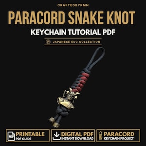 May include: A digital PDF tutorial for a paracord snake knot keychain. The image features text reading CRAFTEDBYRMN, PARACORD SNAKE KNOT, KEYCHAIN TUTORIAL PDF, and JAPANESE EDC COLLECTION. A black and red paracord keychain with a brass samurai bead is shown.