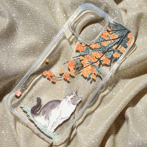 Japanese Cat Clear Phone Case: Orange Flowers Art