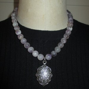 AMETHYST GEMSTONE  beaded necklace with Leaf of Life charm