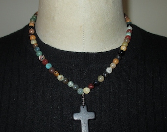 MIXED GEMSTONE beaded necklace with Black Sardonyx Cross