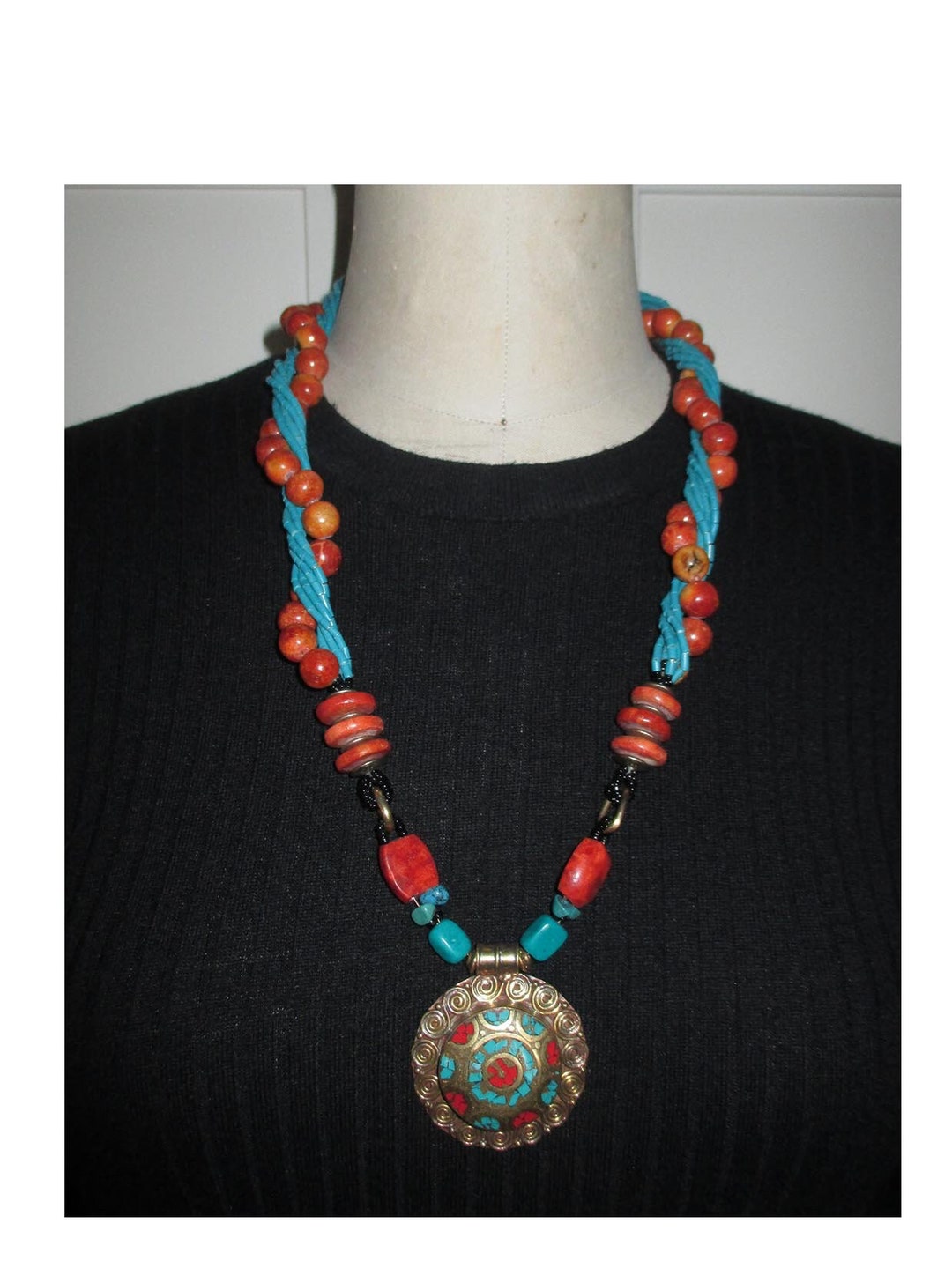 Wearable Art Necklace in Turquoise & Yellow