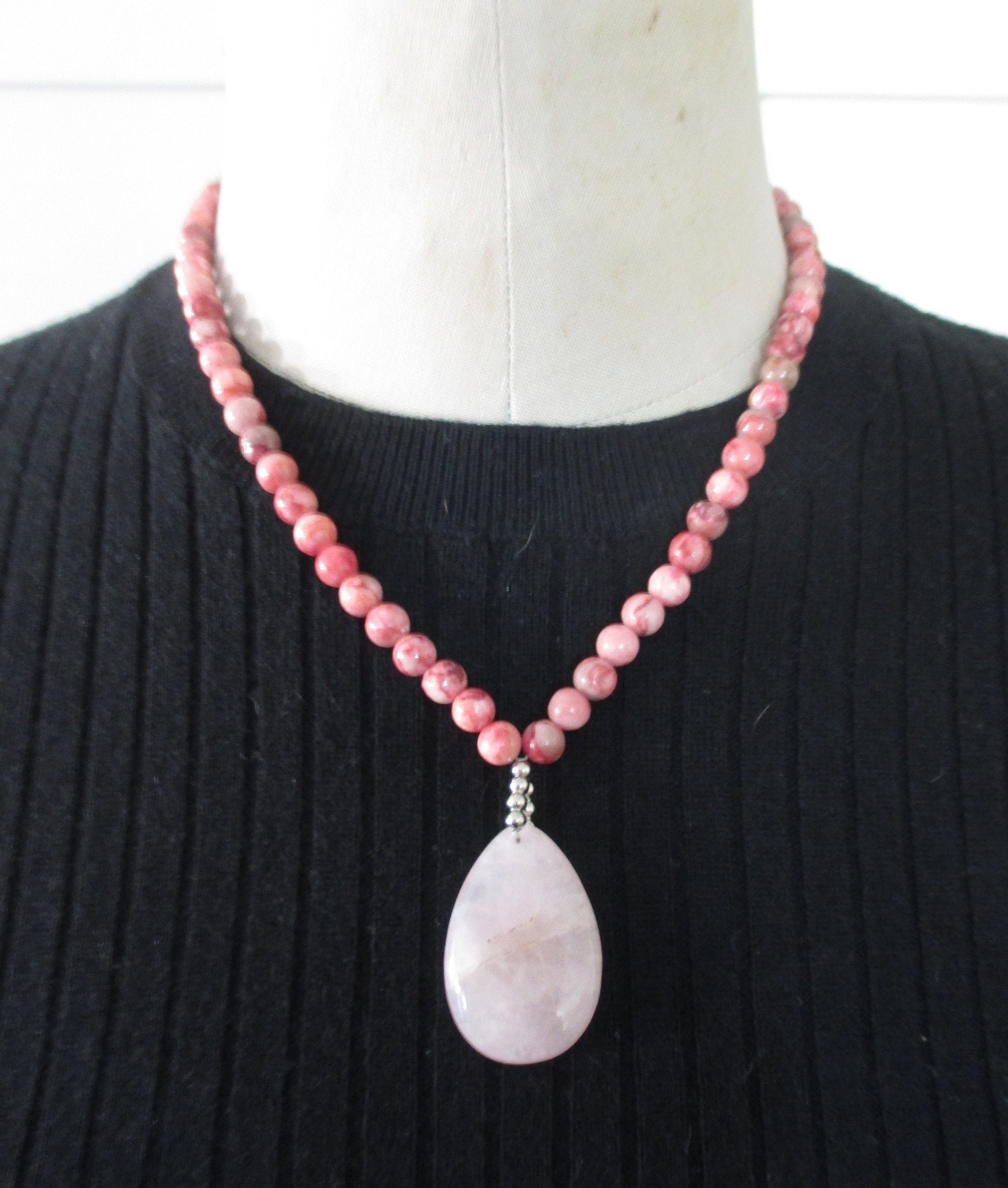 RHODONITE and ROSE QUARTZ gemstone  pendant necklace