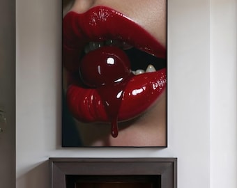 Retro Cherry Lips Art – Bold Glam Lips Print, Pop Art Mundwanddekor, Sinnliche Kirsche Digital Download