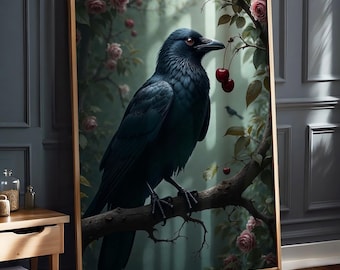 Gothic Rabe Druck, Academia Dekor, Kirschblüten Krähe Kunst, stimmungsvoller Wald Wanddruck, Vintage Blumen Poster, mystische Vogelmalerei