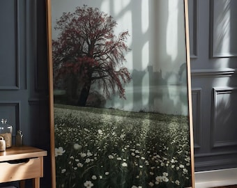 Pemberley Manor Kunstdruck, Jane Austen Wandkunst, Neblige Landschaft, Cottagecore Dekor, romantische Vintage Malerei, Wildblumenwiese