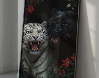 White Tiger & Black Panther Print: Fierce Jungle Wall Art (Digital Download)