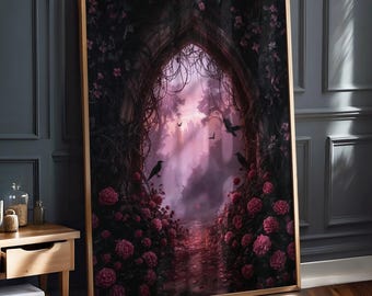 Gothic Torbogen, Verzauberter Wald Wandbild, Fantasy Landschaft, Rosengarten Poster, Mystisches Schloss, Cottage, Märchenhaftes Dekor