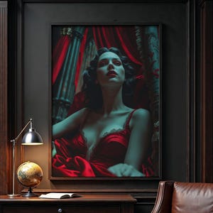 Vampirkönigin Art Print - Gothic Frau im roten Kleid, barockes digitales Porträt, dunkle Femme Fatale Wandkunst