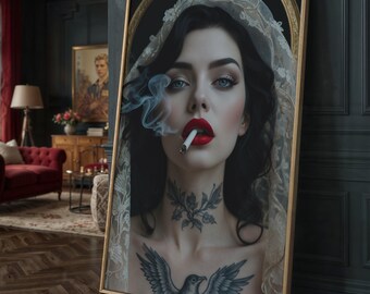 Rauchende Madonna Kunstdruck | Gothic Glam Wandkunst | Tätowierte Frau Porträt | Göttliche Rebellenästhetik | Sofort Download