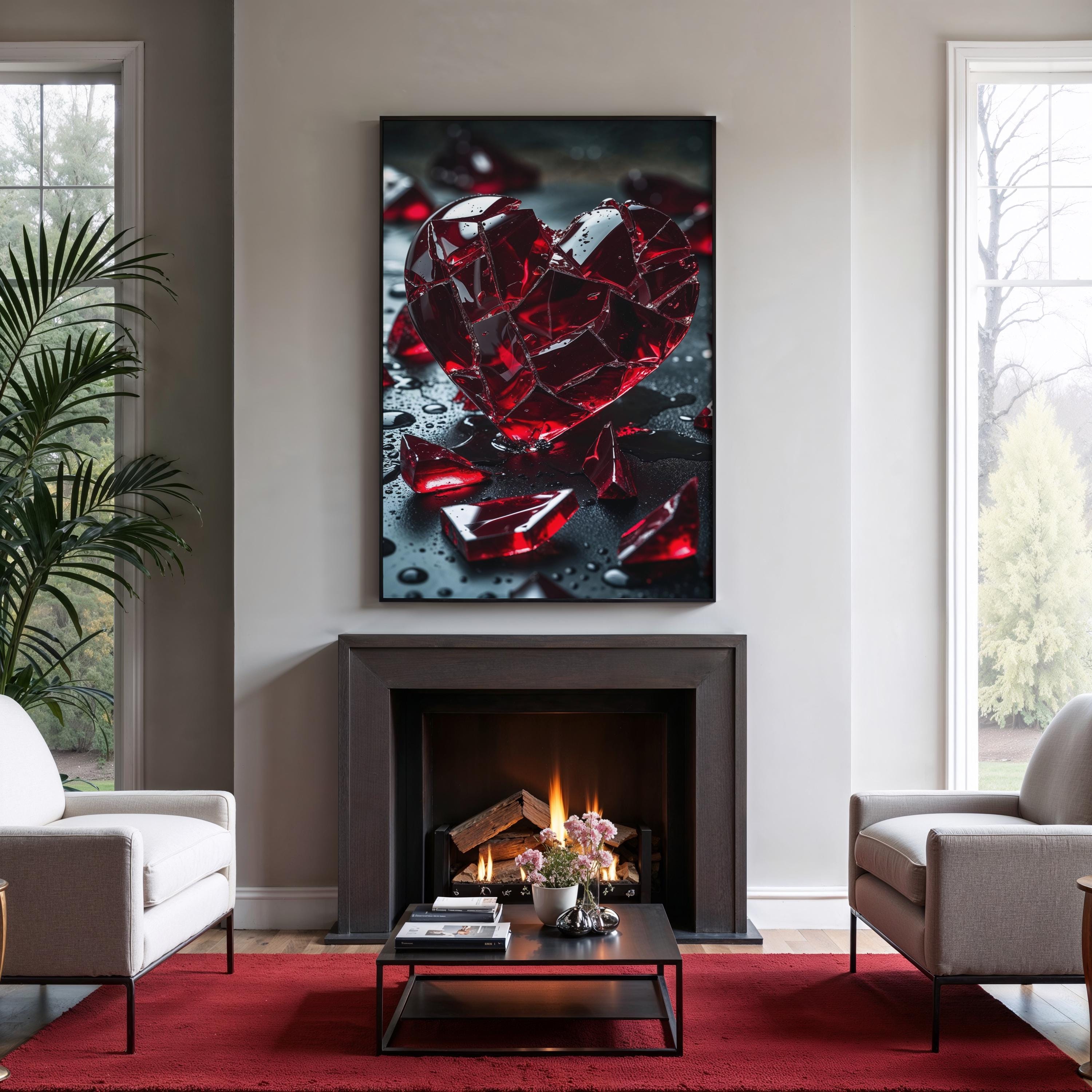 Gebrochenes Glasherz Art Print - Dunkelromantisches Shattered Heart Wanddekor, gotisches rotes Stillleben