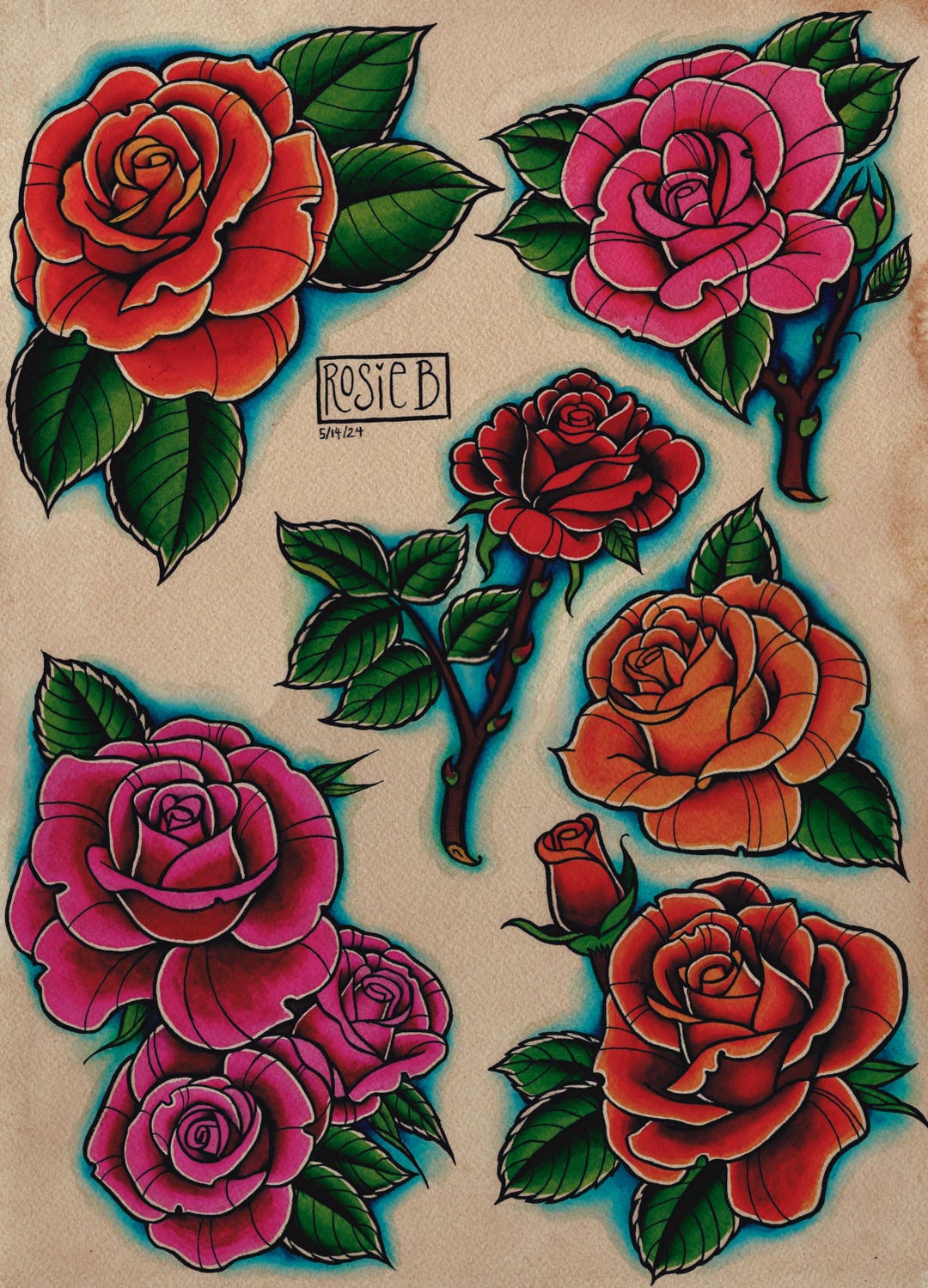 Roses Watercolor Tattoo Flash Art Print - Etsy UK