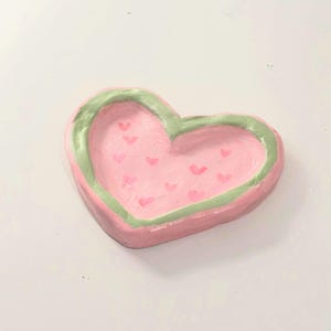 Heart Pink/Green Strawberry Handmade Clay Jewelry Tray, Ring Dish, Aesthetic Room Decor Kawaii Cute Fairycore, Cottagecore