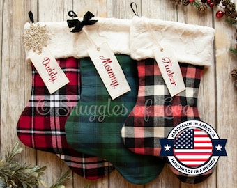 Red Plaid Christmas Stocking - Personalized Green Blue Flannel Stocking - Buffalo Plaid Christmas Stocking - Rustic Christmas - Farmhouse