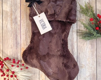 Brown Fur Christmas Stocking - Personalized Faux Fur Christmas Stocking - Chocolate Brown Fur Embroidered Stocking - Fur Stocking