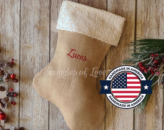 Sequin Embroidered Stocking - Personalized Burlap Christmas Stocking - Velvet Stocking - Sequin Stocking - Burlap and Ivory Sequin Stocking