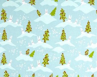 SALE - Premier Prints Blue Bunnies - 1 yard - Home Decor / Aqua Blue with white bunnies and green trees / Christmas Fabric / Holiday Fabric