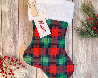 Red and Green Plaid Stocking with Fur Cuff - Personalized Green Plaid Stocking - Flannel Plaid Christmas Stocking - Farmhouse Stocking