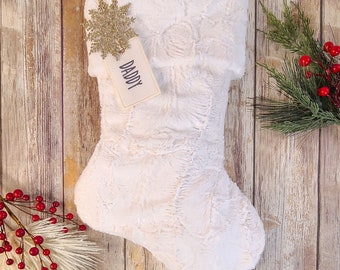 Personalized Ivory Fur Christmas Stocking - Faux Fur Christmas Stocking - Cream Fur Embroidered Stocking - Fur Stocking