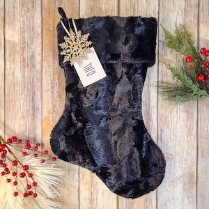 Black Fur Christmas Stocking - Personalized Faux Fur Christmas Stocking - Fur Embroidered Stocking - Fur Stocking - Black Christmas Stocking