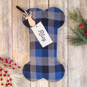 Blue, Grey, and Black Dog Christmas Stocking - Personalized Plaid Dog Stocking, Flannel Dog Bone Stocking, Pet Stocking, Dog Stocking
