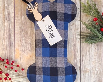 Blue, Grey, and Black Dog Christmas Stocking - Personalized Plaid Dog Stocking, Flannel Dog Bone Stocking, Pet Stocking, Dog Stocking