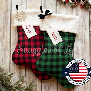 Farmhouse Personalized Buffalo Plaid Stocking - Buffalo Check Stocking - Red and Black Plaid Stocking - Buffalo Plaid Christmas - Fur
