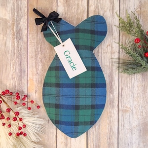 Blue and Green Plaid Cat Stocking - Rustic Plaid Fish Shaped Stocking for Cats, Personalized Plaid and Christmas Stocking - Kitten Stocking